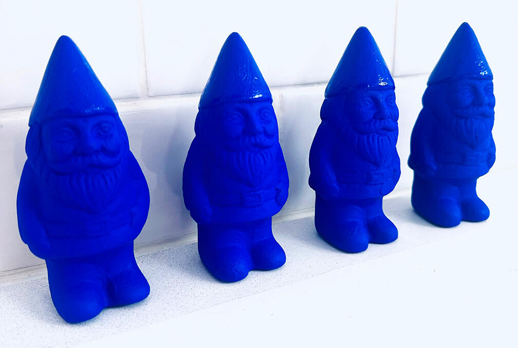 Hand-painted gnomes in Yves Klein Blue