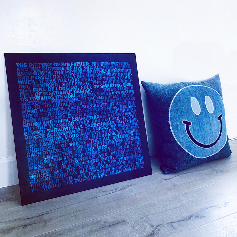 Text painting in acrylics. Pillow made from found denim jacket.