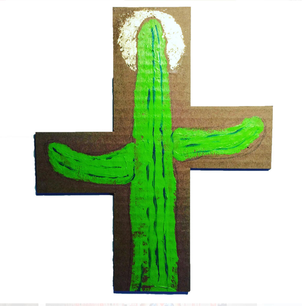 Cactus with Halo, pastel and gold foil on cardboard